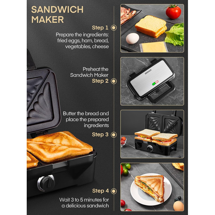 Sandwichmaker 1200W 3-в-1: сендвічниця, вафельниця, контактний гриль з регулюванням температури та антипригарним покриттям | LED-дисплей, нержавіюча сталь/чорний