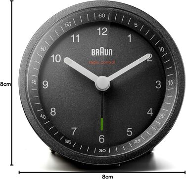 Classic analog radio alarm clock by Braun for the Central European Time Zone (CET/GMT+1) with snooze function and light, quiet movement, crescendo alarm in black, model BC07B-DCF