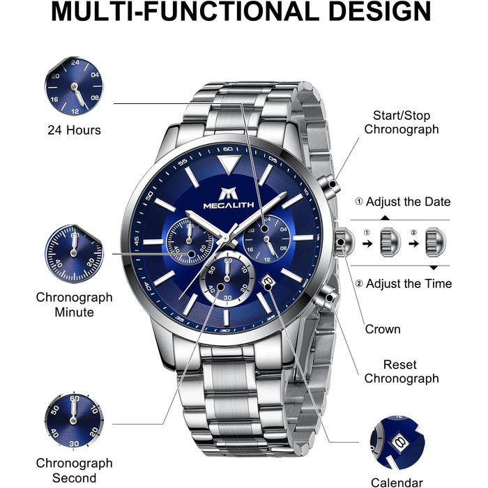 Чоловічий годинник MEGALITH з нержавіючої сталі, хронограф, водонепроникний, з великим циферблатом, датою, для роботи та відпочинку. Стильний подарунок для чоловіків (8345 Silver Blue)