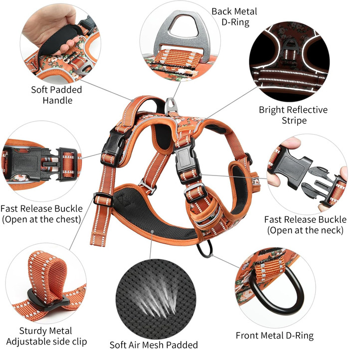 Шлейка для собак HEELE з поглинанням ривка, світловідбиваюча, для середніх собак, з м'яким ручним захопленням, коричнева, розмір M (L - обхват грудей: 43-86 см)