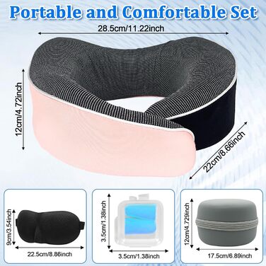 Подушка для шиї в літак, 360° - подушка для подорожей з піною Memory Foam, набір для дорослих - ергономічна, з коробкою для зберігання, маскою для очей та навушниками (Рожева)