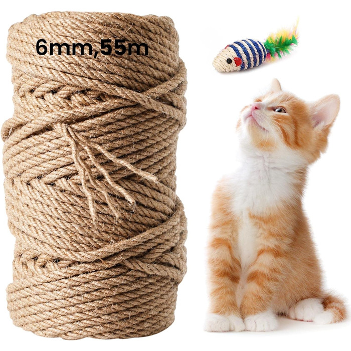 100M Sisal Rope for Cat Trees 8MM, Natural Sisal Rope for Cats, Scratch Rope, Household, Garden, DIY, Decoration, Cord for Replacement (55M x 6MM)