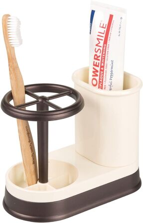 mDesign Toothbrush Holder - high-quality toothbrush holder made of plastic for the bathroom sink or vanity cabinet - practical holder for toothbrushes and toothpaste - white and matte silver (Vanilla/Bronze)