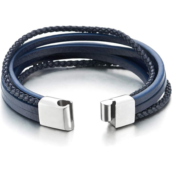 Чоловічий/Жіночий плетений браслет COOLSTEELANDBEYOND з натуральної шкіри Navy Blue, з нержавіючої сталі та магнітною застібкою