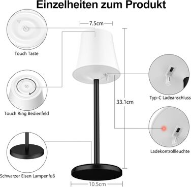 Бездротова LED лампа Suright для столу з регулюванням яскравості, 3 кольори + RGB, сенсорне керування, водонепроникність IP54, для ресторану, спальні, вечірки, кемпінгу, кав'ярні