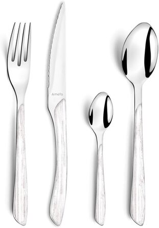 Amefa ECLAT Cutlery Set NATURE White Wood-Look Cutlery Set 24-Piece for 6 People Stainless Steel, Rust-Proof, Plastic Handle Shells with Wood-Look, Dishwasher-Safe Cutlery Set for 6 People