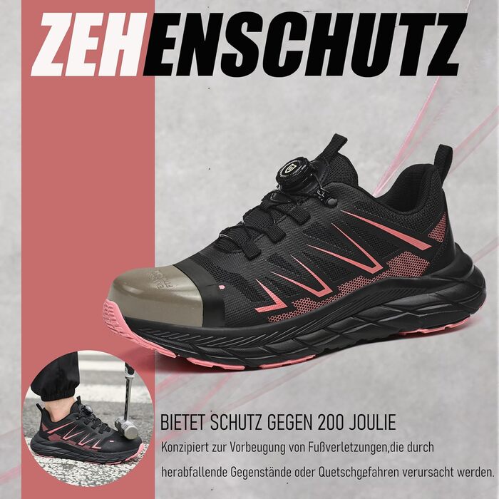 Черевики безпеки чоловічі/жіночі: зручні, дихаючі, з металевим носком. Ідеальні для будівництва, сільського господарства та промисловості. Підошва з антиковзанням. Розмір 40 EU, колір рожевий (B1)