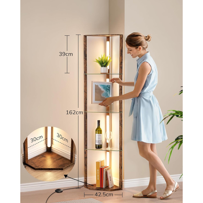 Стійка лампа EDISHINE з 4 полицями з дерева, LED диммер, 3 кольори світла, поворотний світловий маніпулятор, підсвічування полиць, регулювання яскравості, футовий вимикач, для вітальні (Вінтаж-коричневий+скло)