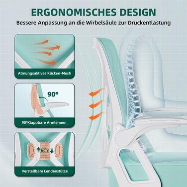 Ергономічне крісло для офісу, офісне крісло з відкидними підлокітниками, регульована поперекова підтримка, регульоване крісло для начальника, поворотне крісло, сітчасте крісло з функцією гойдання до 125° (Блакитно-зелене, без підголівника)