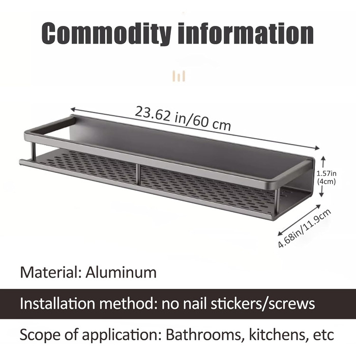 Suction Cup Shower Shelf No Drilling, Adhesive Shower Rack, No Drilling Shower Gel Holder, Bathroom Shelf No Drilling, Black, 60cm