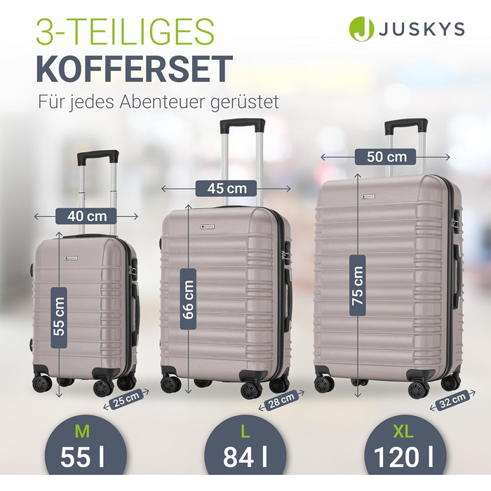 Набір валіз Juskys Hartschale 4 шт. з кодовим замком, тихі колеса 360°, телескопічна ручка, легкі - валізи в кольорі шампань (3 шт.)