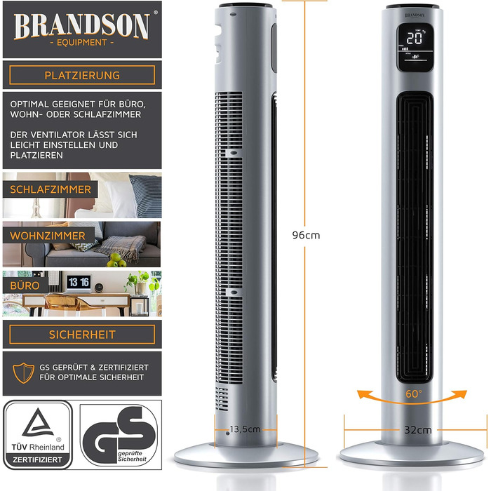 Вентилятор підлоговий Brandson Silverline 96 см з пультом керування, тихий, з осциляцією, 3 швидкості, 3 режими, таймер, сертифікат GS, сірий колір