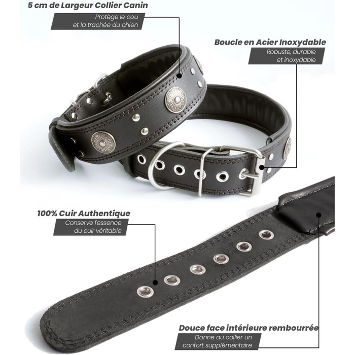 Нашийник для собак з натуральної шкіри, 5 см, ручної роботи, чорний, розмір S (38-49 см)