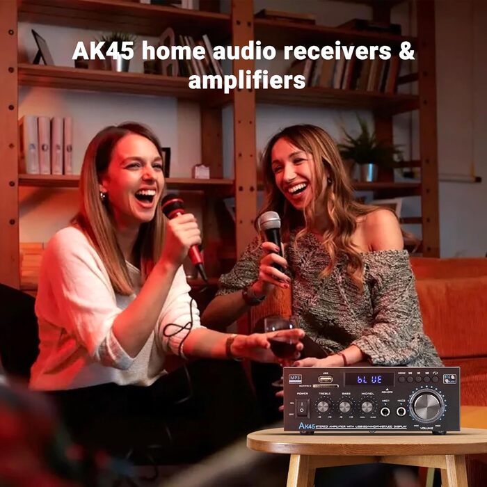NEOHIPO HiFi-усилювач AK45 Mini, Bluetooth стерео аудіоусилювач 400Вт, 2-канальний, цифровий, з FM-радіо, SD/USB, для дому або авто, чорний
