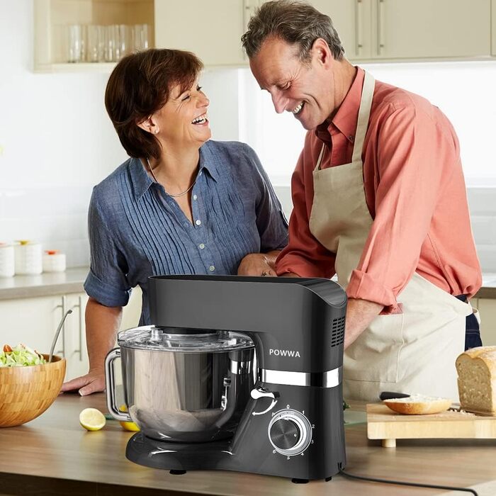 Кухонна машина POWWA 6.2L: міксер, тістоміс, 6+1 швидкість, 1500W, з набором насадок (чорний)