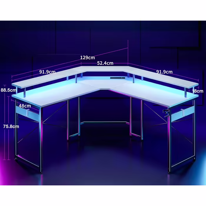 Ігровий стіл ODK з LED-підсвіткою, 2 розетками та 2 USB, кутовий білий комп'ютерний стіл з підставкою для монітора 129x129 см для геймінгу та домашнього офісу