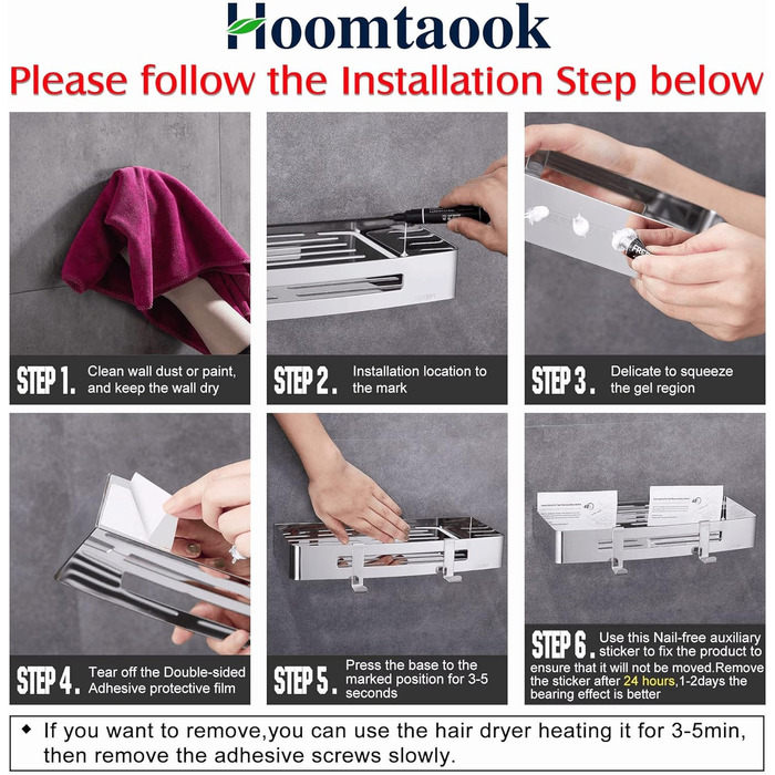 Hoomtaook Shower Shelf Bathroom Shower Wall Shelf Shower Organizer, No Drilling, No Damage to Wall Mount, for Bathroom and Kitchen Accessories, 2 Pack