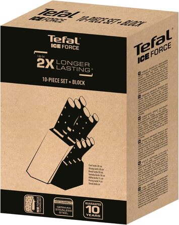 Набір ножів Tefal Ice Force 5 предметів (дерев'яний блок): ніж для хліба 20 см, шеф-ніж, ніж Сантоку 18 см, ніж для овочів 11 см, ніж для нарізки 9 см, нержавіюча сталь, коричнево-чорний, K232S5