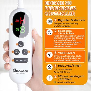 Електрична ковдра Mia&Coco з автовимкненням 180x130 см, 10 рівнів нагріву, таймер 9 годин, захист від перегріву, машинне прання, фланель, для ліжка, дивану та вітальні, сіра 130x180 см