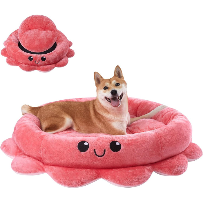 Кругле ліжко для собак та котів XL, рожево-червоне, Boho стиль, з м'яким знімним подушечкою, ліжко-антистрес для великих собак