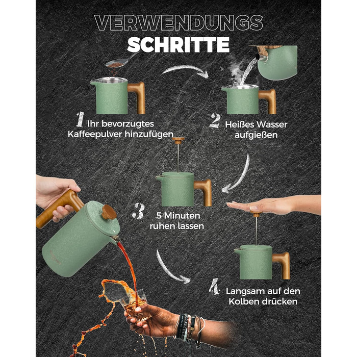 Френч-прес Poliviar 1 л / 8 чашок, з подвійними стінками, ізольований, для кави та чаю, з дерев'яною ручкою, Flatland (зелений)