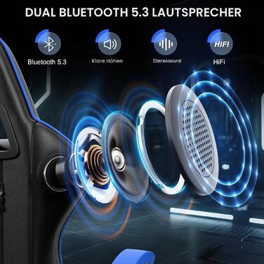 Ігрове крісло Bigzzia Gaming Stuhl з Bluetooth-динаміками, відкидний підголівник 90-135°, ергономічний дизайн (Синій)