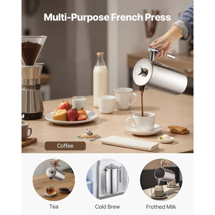Френч-прес VEVOR 1,5 л з нержавіючої сталі - кавова преса, чайник з фільтром, для кемпінгу, подорожей, кухні, срібний