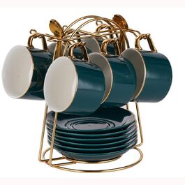 Набір чашок капучино з блюдцями (6 шт., 150 мл), розкішний чайний/кавовий набір з золотим декором, порцелянові чашки з ручками (білі), ручна розпис блакитним кольором