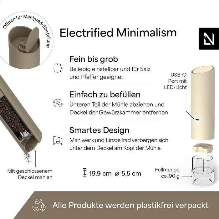 Електричні млини для солі та перцю LARS NYSØM Gravity Grinder - Набір з двох млинців, USB-C, регулювання помелу, для кухні, бежевий/тауп