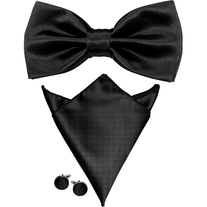 Метелик чоловічий JEMYGINS регульований шовковий, набір з манжетами та нагрудною хустинкою в подарунковій коробці (Чорний 3)