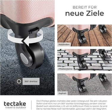 Набір валіз Tectake 4 шт. з відстібними колесами 360°, валізи з жорсткою оболонкою та TSA замком, велика валіза з роздільником, ручна валіза, телескопічна ручка - шампань (рожеве золото)