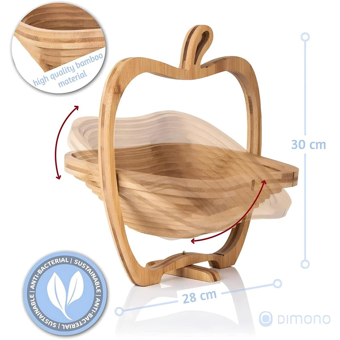 Кошик для фруктів Dimono® з бамбука, складаний, 3 в 1: кошик для фруктів, овочів та підставка під горщик, з дощечкою для нарізання, дизайн 