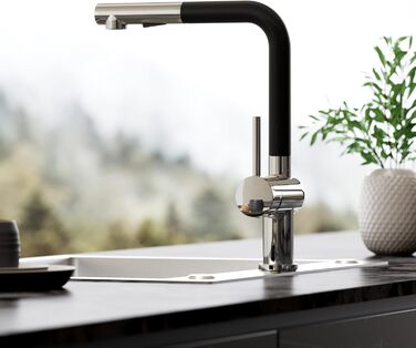 Змішувач для кухні CECIPA X203B чорного кольору з висувною насадкою, поворотний на 360°, з двома типами струменя, з нержавіючої сталі