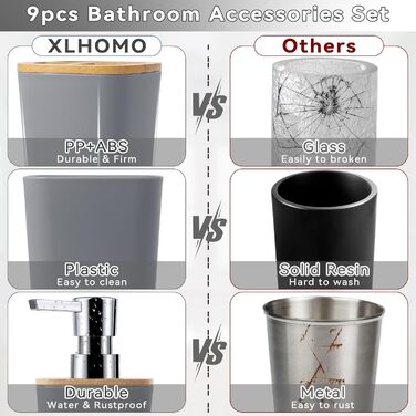 Набір аксесуарів для ванної кімнати, 9 предметів: сміттєвий бак, тримач для зубних щіток, стакан для зубних щіток, диспенсер для мила/лосьйону, полиця для раковини, мильниця, щітка для унітазу, тримач для ватних паличок (сірий, набір для ванної кімнати)