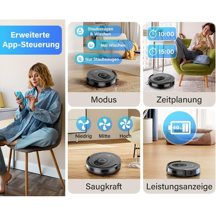 Робот-пилосос 2-в-1 з функцією миття Tikom G8000 Max, 5000Pa, самостійна зарядка, Wi-Fi, 150 хв, для тварин, килимів, твердих підлог, чорний