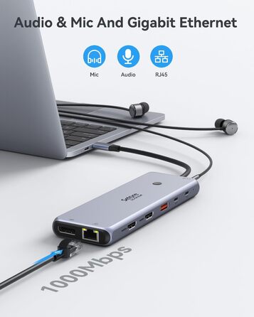 Док-станція USB C 13 в 1 для трьох моніторів: Dual HDMI 4K, DisplayPort, 10G USB 3.1, Ethernet, PD 100W, аудіо/мікрофон, сірий