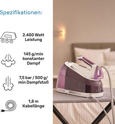 Braun Household CareStyle 5 IS5247 VI Steam Station - Steam Iron with FreeGlide 3D Soleplate, iCare Mode, Vertical Steaming, Detachable 2L Water Tank, 500 g/min Steam Boost, 2400W, Violet