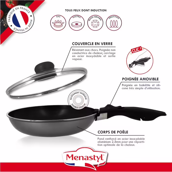 MENASTYL - 3-Piece Pan Set 24/28 cm + 1 Detachable Handle 6020283 – Pans made of aluminum for all types of stovetops including induction - Non-stick coating – Black
