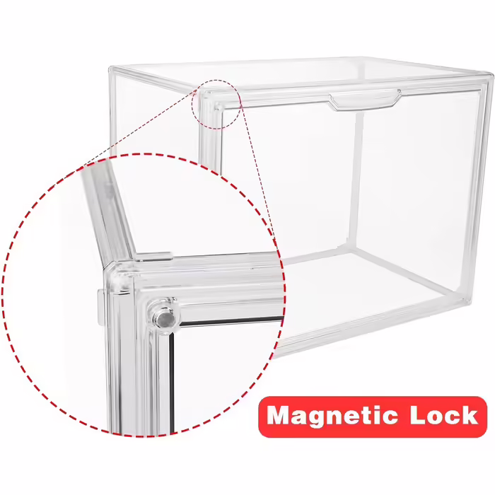 GUDEMAY Transparent Stackable Plastic Boxes with Magnetic Closure - Dustproof Storage Display Case Showcase Ideal for Figurines, Books, Cosmetics, Shoes, and Handbags (3-Piece Set) Transparent - 3-Piece Set