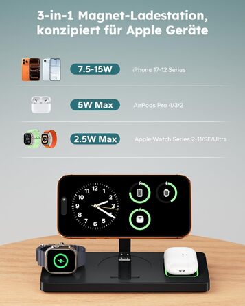 Бездротова зарядна станція 3 в 1 MagSafe для iPhone, Apple Watch та AirPods, чорна
