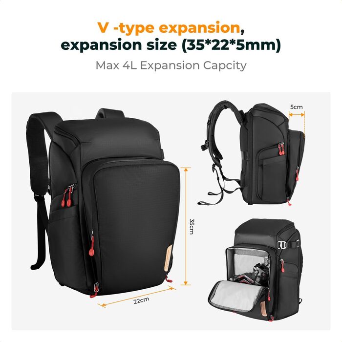 Рюкзак для фотокамери K&F Concept Alpha, 25L, чорний/червоний, з відділенням для 16-дюймового ноутбука, сумісний з Canon/Nikon/Sony/DJI Mavic