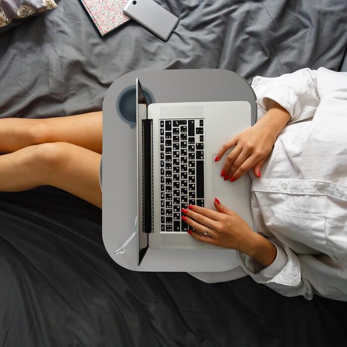 Підставка для ноутбука Relaxdays з LED-підсвічуванням, сіра - портативна, з тримачем для напоїв