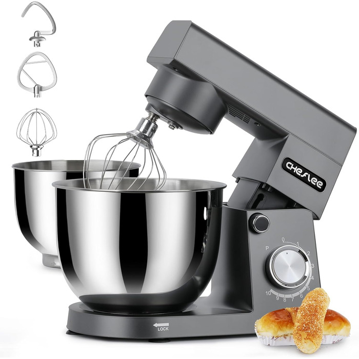 Кухонна машина Cheflee 1500W з місткими чашами 4.5 та 5.5л з нержавіючої сталі, 10+ швидкостей, набір насадок (міксер, гак для тіста, вінчик, захист від бризок) (Darkgrey)