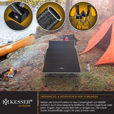 Кемпінгове ліжко KESSER® розкладне, металеве, чорне, 190 см з сумкою та ліхтарем