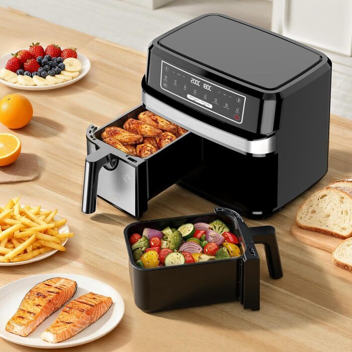Фритюрниця повітряна з 2 камерами на 9 літрів | Air Fryer з двома відсіками по 4,5 л, 2600 Вт, 8-в-1, сенсорне керування, функція Smart Finish, незалежний контроль температури та часу (срібна)