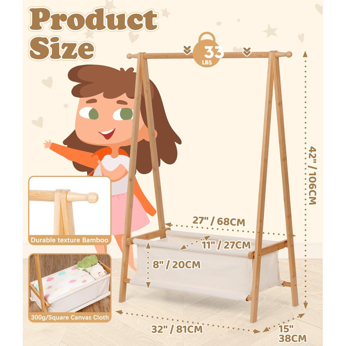 Relquorax Bamboo Children's Clothes Rack with Storage Bag and Clothes Rail, Dress-Up Stand, Small Wardrobe Rack, for Costumes in Children's Rooms (Natural Color)