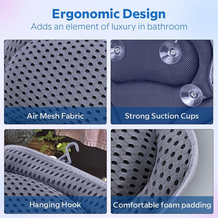 ADOV Bathtub Pillow – Ergonomic Luxury Neck Pillow with 6 Suction Cups, Soft Bath Pillow with 3D Air Mesh for Head, Back and Shoulders, Washable Pillow for Bathtub, Ideal for Bathtub, Spa (Gray)