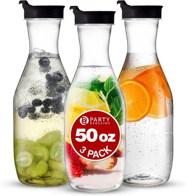 Party Bargains Plastic Carafe with Lid, Transparent, 3 Pack, Black Flip-Top Lid, Premium Quality and Robust Plastic Jug for Iced Tea, Powdered Drink Mix, Cold Brew, Mimosas