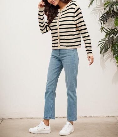 Жіноча коротка в'язана жилетка з двома кишенями на ґудзиках, смугаста, повсякденний осінній кардиган з круглим вирізом, модний в'язаний пуловер (L, Абрикосовий)