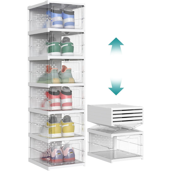 SONGMICS Shoe Cabinet Set, with 18 Shoe Boxes, Integrated Shoe Organizer, Foldable, Portable, for Shoes up to Size 46, 1-Minute Assembly, Transparent-Cloud White LSP207W01 (Transparent + Cloud White, 1)